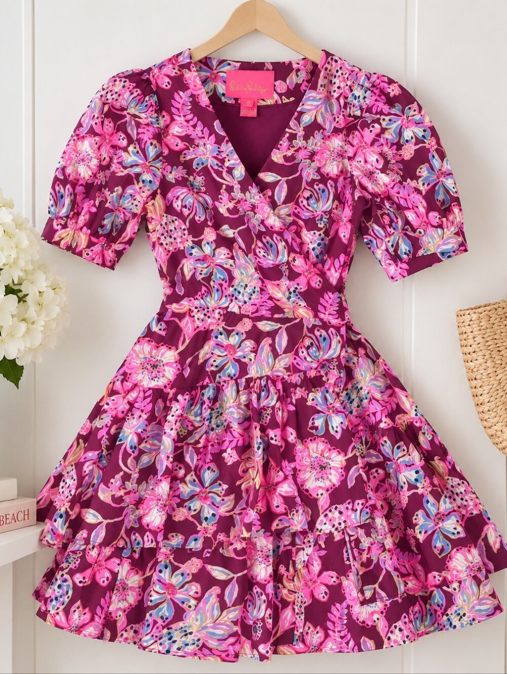 Lilly Pulitzer Alexandria Dress Size 6 Pink Floral Cotton Wrap Midi Cherry